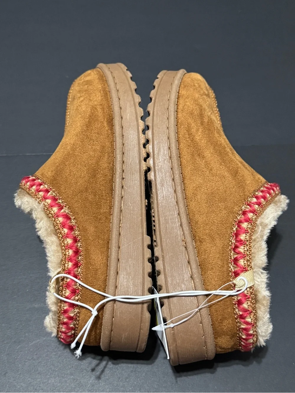 Kohl's Kids Faux-Suede Pembroke Slip-On Slippers in Chestnut with Red Trim